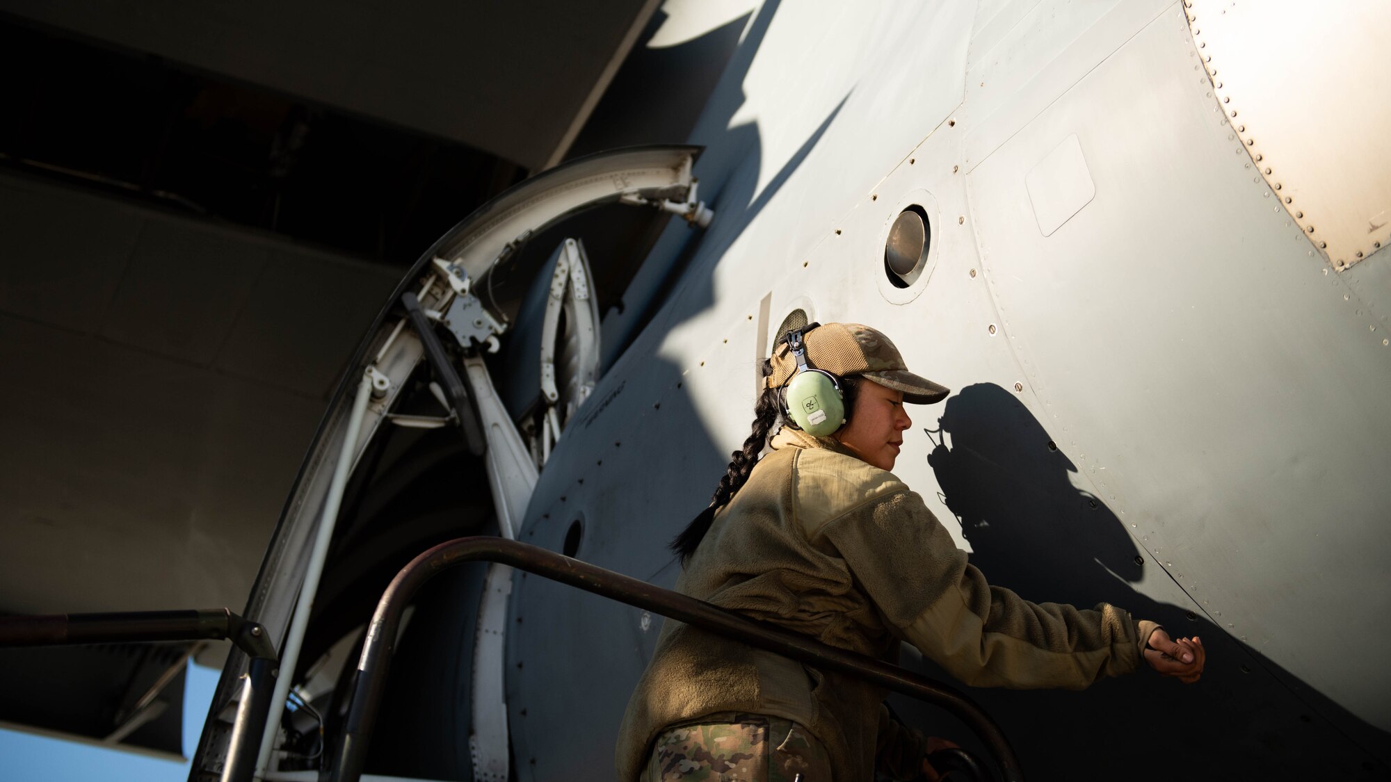 U.S. Air Force Airman 1st Class Brenda Gonzalez Galvez, 436th Aircraft Maintenance Squadron crew chief, secures a panel on a C-5M Super Galaxy at Dover Air Force Base, Delaware, Feb. 7, 2024. The C-5M Super Galaxy was delivered to Westover Air Reserve Base, Massachusetts for an isochronal maintenance inspection. (U.S. Air Force photo by Tech. Sgt. J.D. Strong II)