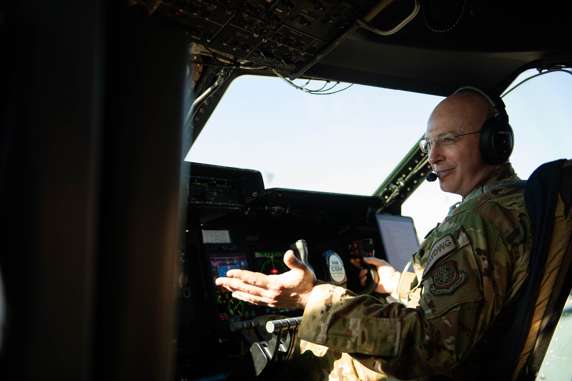 U.S. Air Force Col. Chris McDonald, 436th Airlift Wing commander, prepares for flight in a C-5M Super Galaxy at Dover Air Force Base, Delaware, Feb. 7, 2024. McDonald and crew delivered the C-5M Super Galaxy to Westover Air Reserve Base, Massachusetts for an isochronal maintenance inspection. (U.S. Air Force photo by Tech. Sgt. J.D. Strong II)
