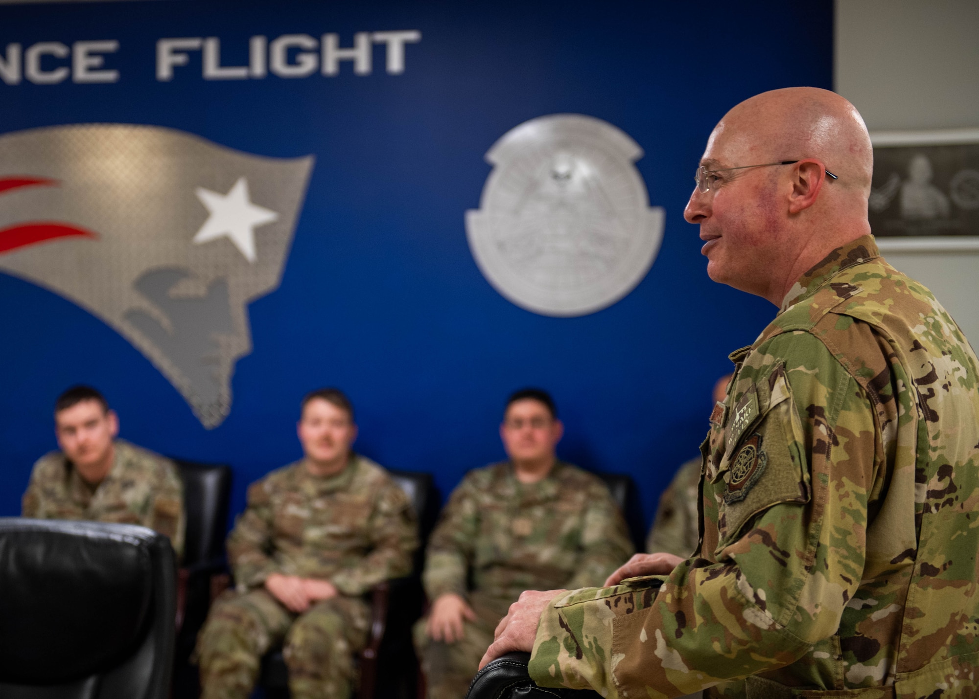 U.S. Air Force Col. Chris McDonald, 436th Airlift Wing commander, speaks to Airmen of 436th Maintenance Squadron, Operating Location Alpha at Westover Air Reserve Base, Massachusetts, Feb. 7, 2024. During the visit, McDonald also toured the C-5M Isochronal Maintenance Dock. (U.S. Air Force photo by Tech. Sgt. J.D. Strong II)