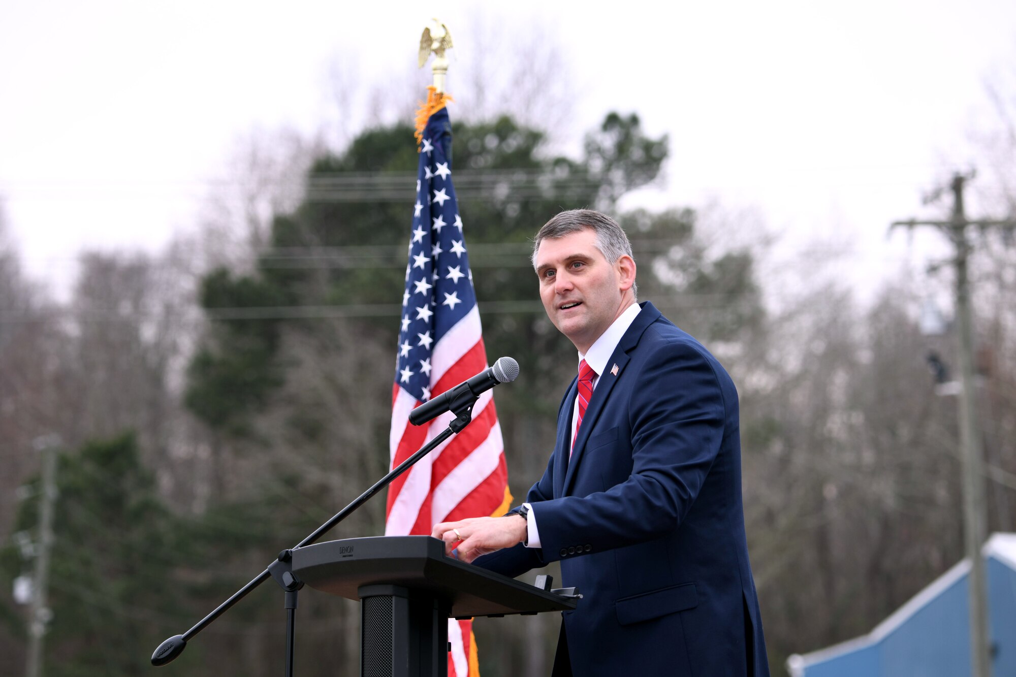 David Merchant, Sumter mayor, speaks during a Tuskegee Airmen Monument dedication ceremony at Veterans Park in Sumter, S.C., Feb. 9, 2024. The monument’s key feature, a full-scale P-51 Mustang replica display, was installed in July 2023 and is the only one of its kind on permanent public display in the United States outside of the National Historic Site in Tuskegee, AL. (U.S. Air Force photo by Staff Sgt. Kelsey Owen)