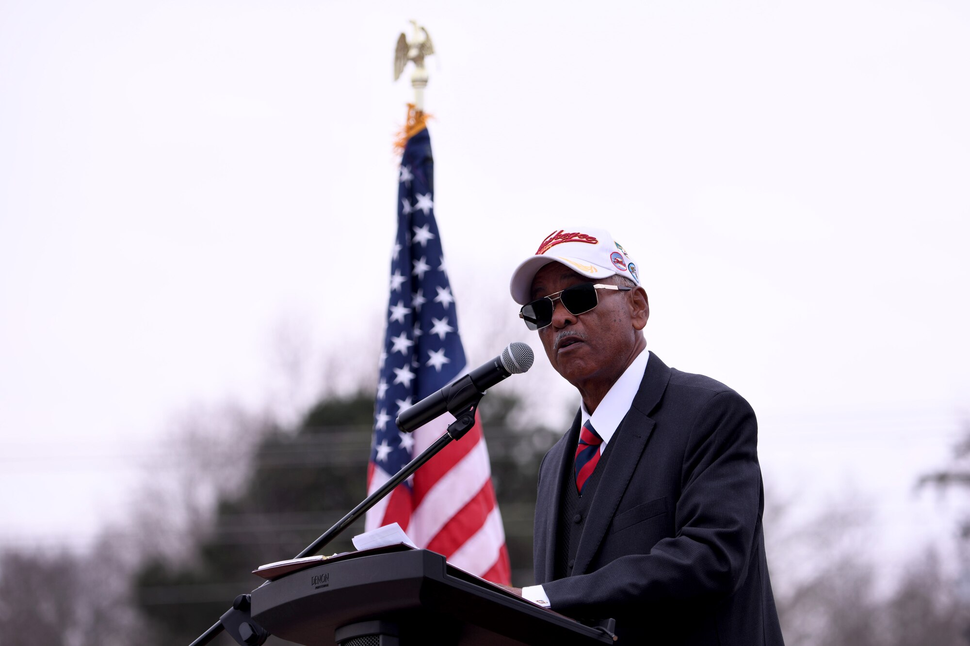Retired U.S. Army Maj. Gen. George Bowman, a descendant of Tuskegee Airman Lt. Leroy Bowman, speaks during a Tuskegee Airmen Monument dedication ceremony at Veterans Park in Sumter, S.C., Feb. 9, 2024. Lt. Bowman was a pilot in the U.S. Army Air Corps during World War II, flying 36 combat missions against the German Luftwaffe with the 332nd Fighter Group “Red Tails.” (U.S. Air Force photo by Staff Sgt. Kelsey Owen)