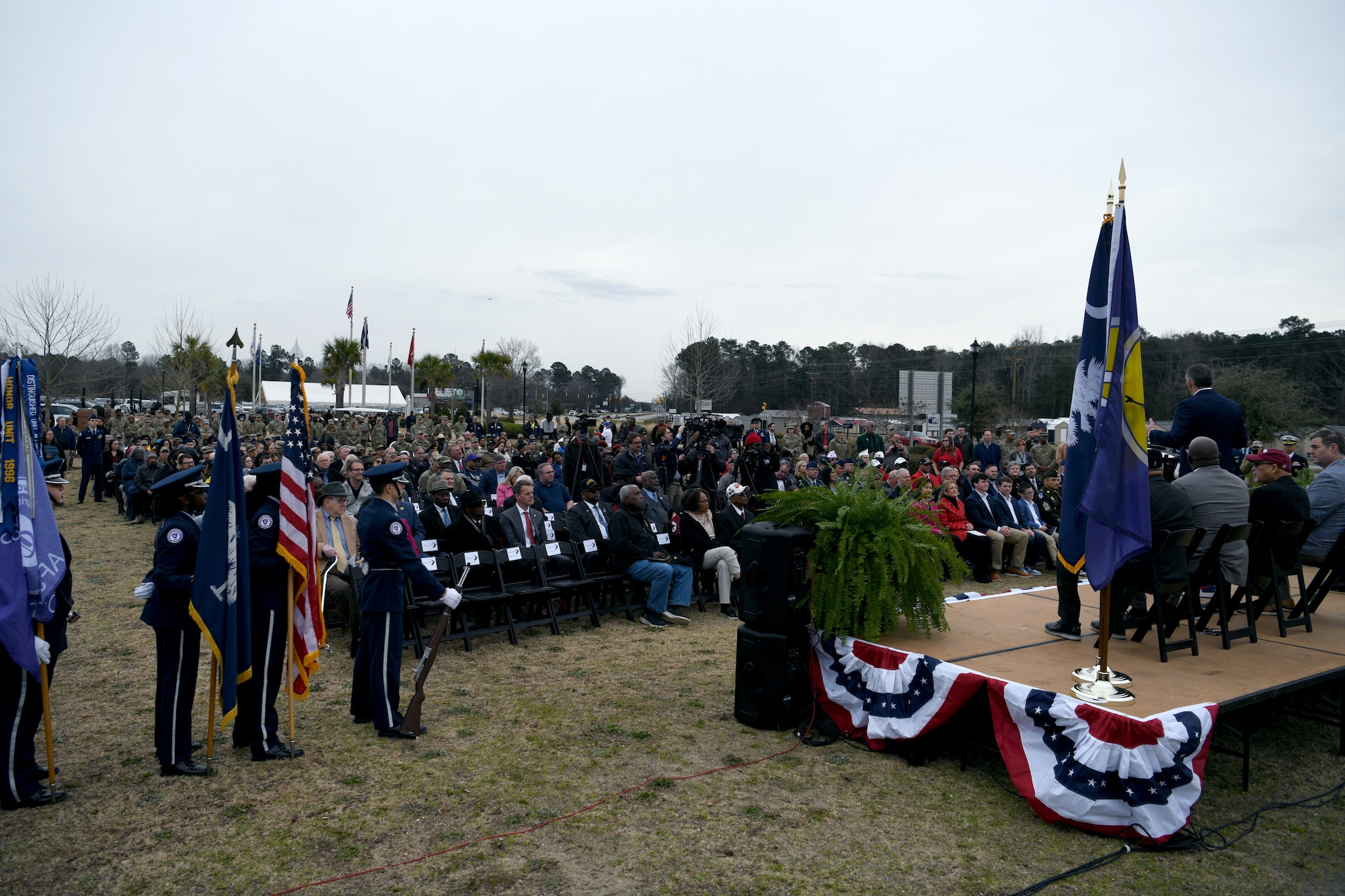 Guests attend a Tuskegee Airmen Monument dedication ceremony at Veterans Park in Sumter, S.C., Feb. 9, 2024. Members of both the local Sumter and Shaw Air Force Base communities attended the ceremony, which hosted several guest speakers including: Chairman of the Joint Chiefs of Staff Gen. CQ Brown, Sumter Mayor David Merchant, and retired U.S. Army Maj. Gen. George Bowman, a descendant of Tuskegee Airman Lt. Leroy Bowman. (U.S. Air Force photo by Staff Sgt. Kelsey Owen)