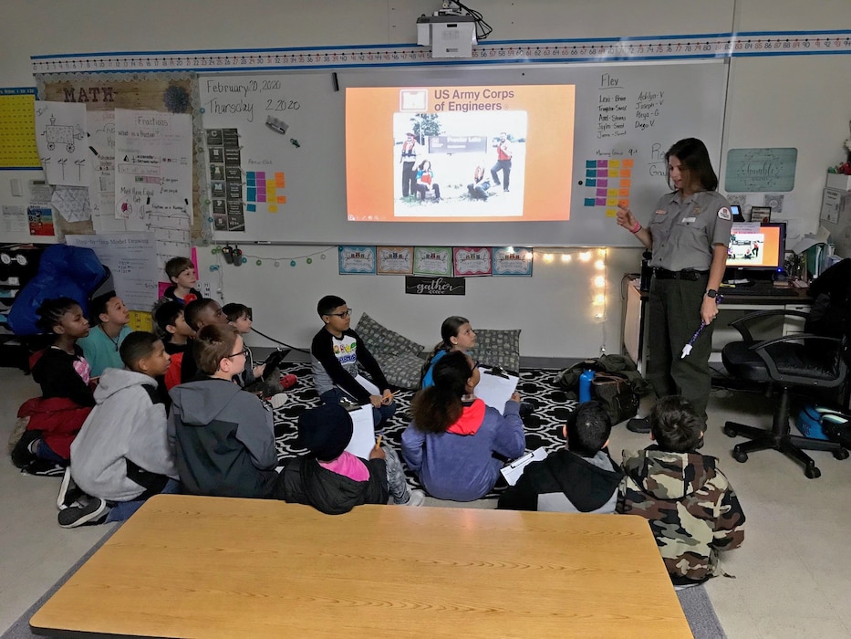 Stephanie Jones, Park Ranger at U.S. Army Corps of Engineers, Fort Worth District’s Proctor Lake teaches Water Safety to children at the JL Williams Lovett Ledger Elementary School Career Day.