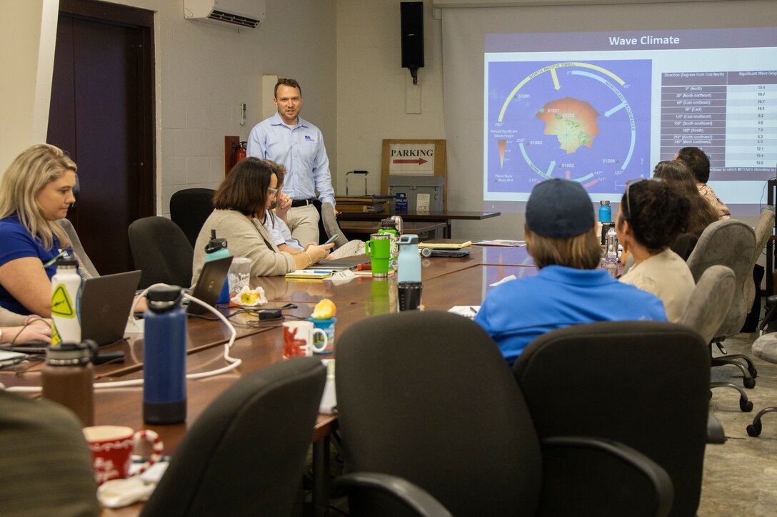 Sam Whitin, the director of Coastal Resilience at EA Engineering, Science, and Technology, discusses ways to increase the resilience of Marine Corps resources using nature-based solutions during a meeting with members representing Marstel-Day, Jacobs, Environmental Compliance and Protection Division, and Marine Corps Base Hawaii staff through the Engineering with Nature program at MCBH, Jan. 30, 2024. The main efforts of the project will be to improve coastal resilience while maintaining beach training abilities at Marine Corps Training Area Bellows and Pu’uloa Range Training Facility. (U.S. Marine Corps photo by Sgt. Julian Elliott-Drouin)