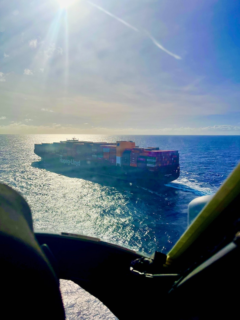 The crew of a U.S. Navy's Helicopter Sea Combat Squadron 25 MH-60S Knighthawk helicopter crew airlift a commercial mariner from the motor vessel Antwerpen Express 50 nautical miles off of Saipan in 7-foot seas and winds of 16 mph on Feb. 9, 2024. He was delivered to the capable hands of emergency medical responders from Guam Fire Rescue at Naval Hospital Guam. They further transported him to Guam Memorial Hospital in stable condition. (U.S. Navy photo)