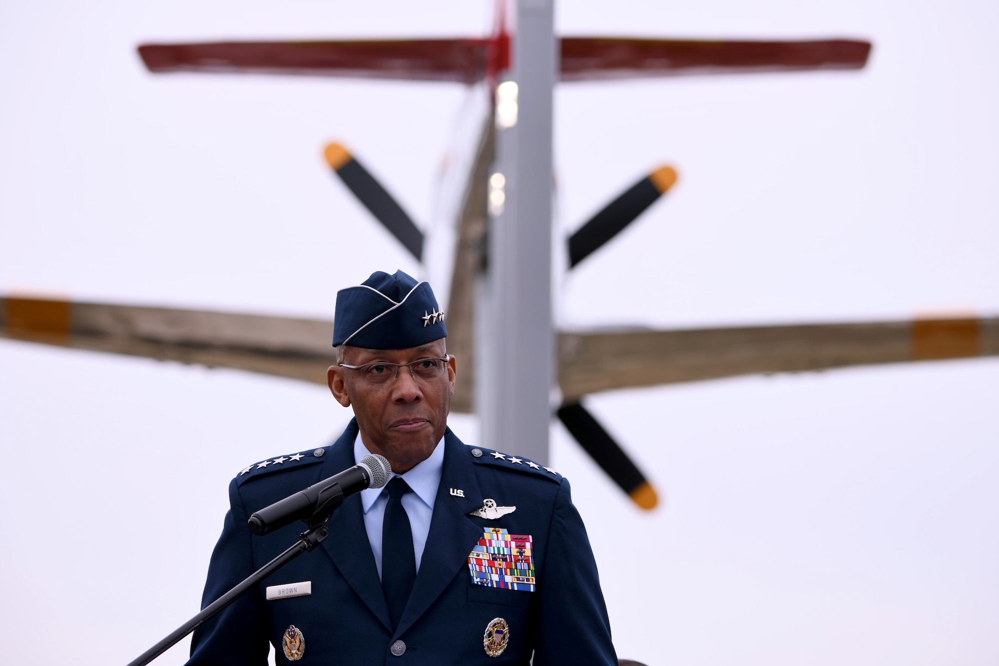 Chairman of the Joint Chiefs of Staff Gen. CQ Brown Jr. speaks during a Tuskegee Airmen Monument dedication ceremony at Veterans Park in Sumter, S.C., Feb. 9, 2024. Brown served as the 22nd Chief of Staff of the Air Force from August 2020 through September 2023, before assuming the position of Chairman of the Joint Chiefs of Staff. (U.S. Air Force photo by Staff Sgt. Kelsey Owen)