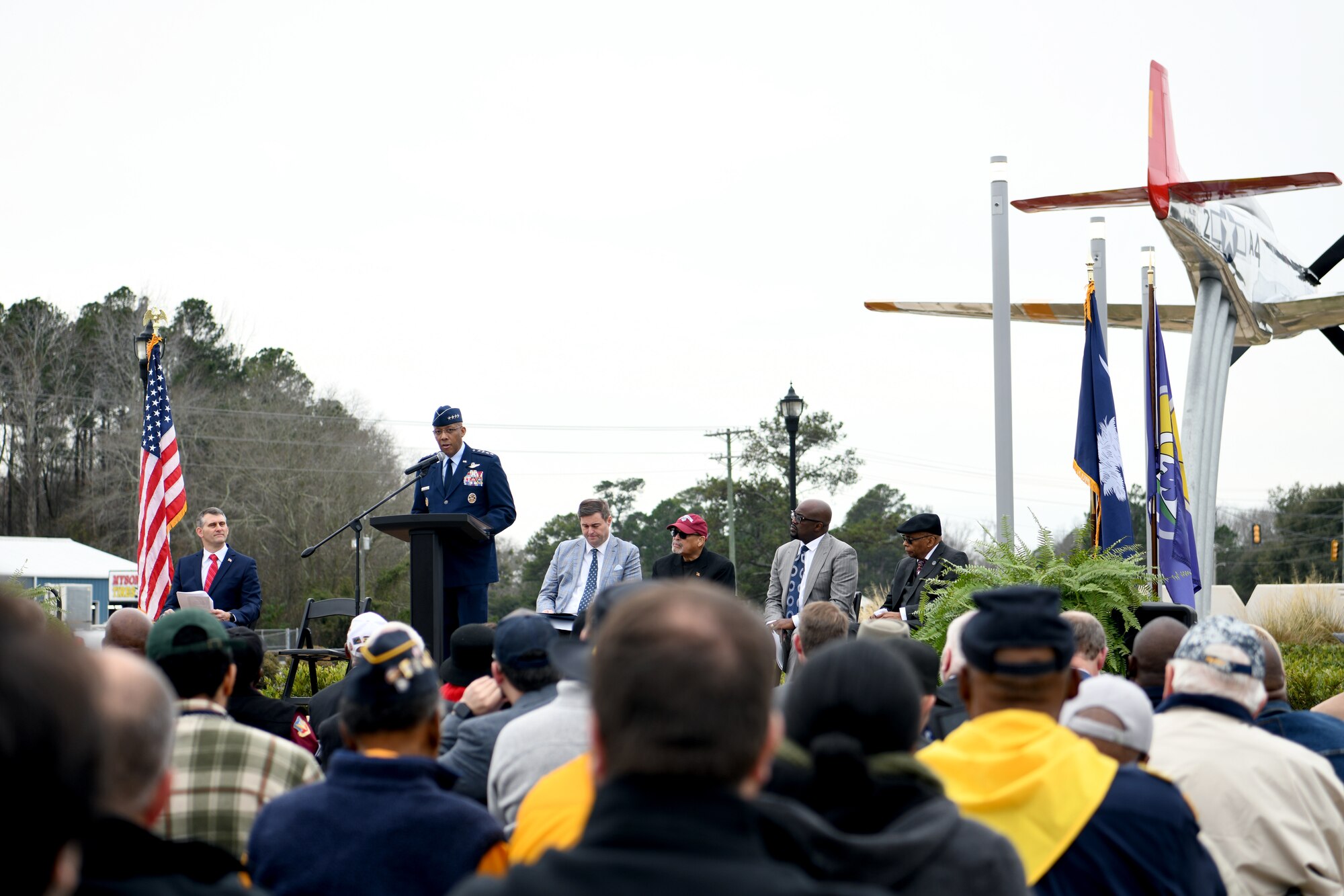 Chairman of the Joint Chiefs of Staff Gen. CQ Brown Jr. speaks during a Tuskegee Airmen Monument dedication ceremony at Veterans Park in Sumter, South Carolina, Feb. 9, 2024. Brown spoke about the historic actions and achievements of the Tuskegee Airmen, including four who had personal ties to Sumter: James Randall, Willie Ashley, Jr., Leroy Bowman and Emmett Rice. (U.S. Air Force photo by Staff Sgt. Kelsey Owen)