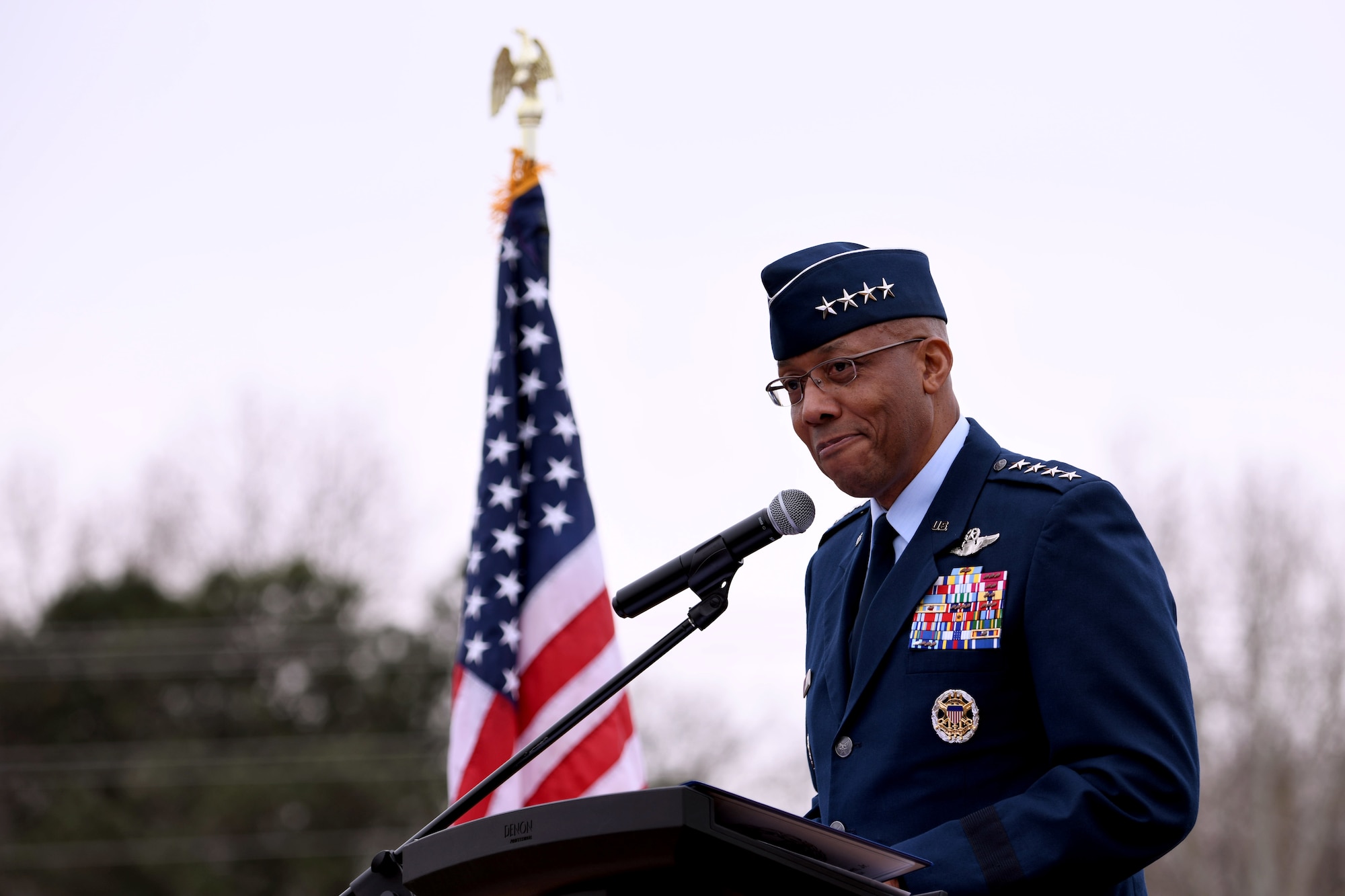 Chairman of the Joint Chiefs of Staff Gen. CQ Brown Jr. speaks during a Tuskegee Airmen Monument dedication ceremony at Veterans Park in Sumter, S.C., Feb. 9, 2024. Brown assumed the position of Chairman of the Joint Chiefs of Staff in October 2023, becoming the 21st service member to hold the title. (U.S. Air Force photo by Staff Sgt. Kelsey Owen)