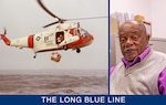 Color image of a Coast Guard HH-52 “Seaguard” helicopter similar to the ones crewed by CWO Melvin Williams during his distinguished Coast Guard aviation career. (U.S. Coast Guard) 

Retired Chief Warrant Officer Melvin W. Williams, Jr., seated in his office pointing to pictures from his career in Coast Guard aviation. (Courtesy of Jennifer Kirsop, U.S. Department of Veterans Affairs)