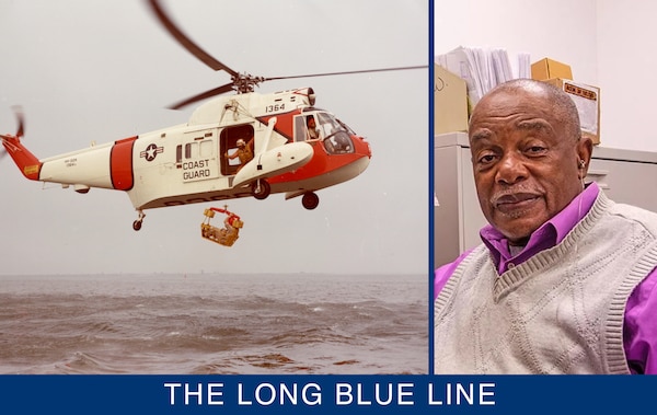 Color image of a Coast Guard HH-52 “Seaguard” helicopter similar to the ones crewed by CWO Melvin Williams during his distinguished Coast Guard aviation career. (U.S. Coast Guard) 

Retired Chief Warrant Officer Melvin W. Williams, Jr., seated in his office pointing to pictures from his career in Coast Guard aviation. (Courtesy of Jennifer Kirsop, U.S. Department of Veterans Affairs)