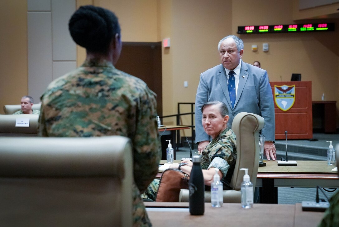 Secretary of the Navy Carlos Del Toro speaks with Sailors and Marines at U.S. Southern Command.