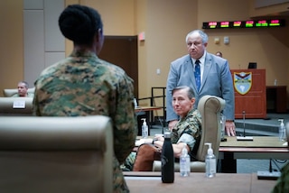 Secretary of the Navy Carlos Del Toro speaks with Sailors and Marines at U.S. Southern Command.