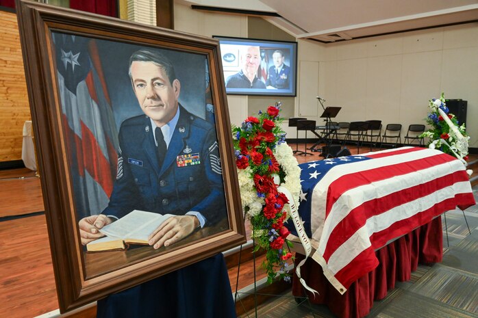 Joint Base San Antonio hosts the memorial service for fifth Chief Master Sgt. of the Air Force Robert D. Gaylor, at JBSA-Lackland and Fort Sam Houston National Cemetery, in San Antonio, Texas, Feb. 10, 2024. Gaylor left his home in Indiana to enlist in the Air Force and then called the San Antonio area his post-military home for more than four decades. He is survived by his son, Ken, and daughters Carol and Elaine. Gaylor spent more than seven decades improving the Air Force through its people. (U.S. Air Force photo by Thomas Coney)