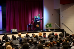 Brigadier General Kelvin D. McElroy, Force Generation Center commander, Air Force Reserve Command, speaks with JROTC cadets, students, and faculty  at Northeast High School, Macon, Ga.