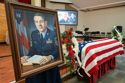 Joint Base San Antonio hosts the memorial service for fifth Chief Master Sgt. of the Air Force Robert D. Gaylor, at JBSA-Lackland and Fort Sam Houston National Cemetery, in San Antonio, Texas, Feb. 10, 2024. Gaylor left his home in Indiana to enlist in the Air Force and then called the San Antonio area his post-military home for more than four decades. He is survived by his son, Ken, and daughters Carol and Elaine. Gaylor spent more than seven decades improving the Air Force through its people. (U.S. Air Force photo by Thomas Coney)