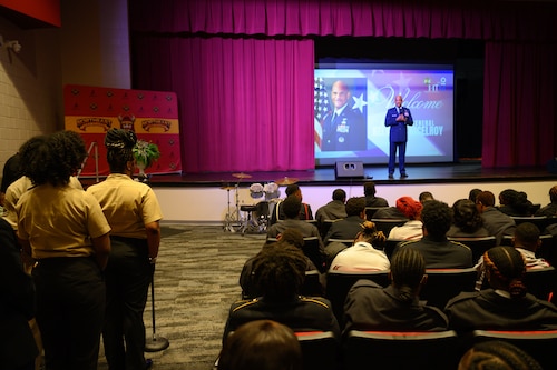 Brigadier General Kelvin D. McElroy, Force Generation Center commander, Air Force Reserve Command, answers questions from a  JROTC cadet at Northeast High School, Macon, Ga., during an Air Force GO Inspire event.