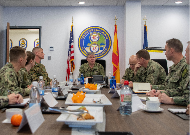 NAVAL STATION ROTA, Spain (Feb. 8, 2024) Vice Adm. Thomas Ishee, commander, U.S. Sixth Fleet (center), Commander Task Force (CTF) commanders and command master chiefs convene at Commander Task Force (CTF) Commanders Conference at Naval Station Rota, Feb. 8, 2024. U.S. Naval Forces Europe-Africa operates U.S. Naval Forces in the U.S. European Command (USEUCOM) and U.S. Africa Command (USAFRICOM) areas of responsibility. U.S. 6th Fleet is permanently assigned to NAVEUR-NAVAF, and employs maritime forces through the full spectrum of joint and naval operations. (U.S. Navy photo by Mass Communication Specialist 2nd Class Dakota C. Nack)