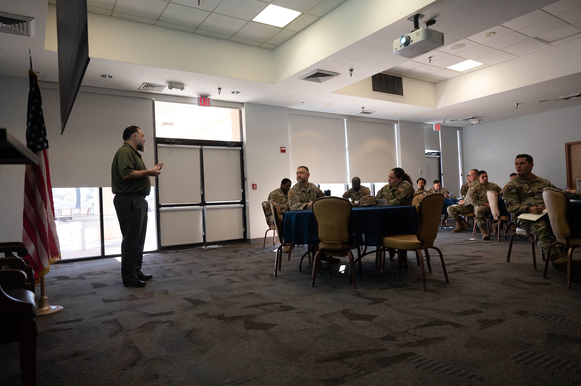 U.S. Airmen attend the “Vets-to-Industry” Military Transition Resource Event hosted by Mr. Matthew Paul Langseth, military veteran program coordinator, at Davis-Monthan Air Force Base, Ariz., Feb. 1, 2024. Langseth highlighted the City of Tucson DoD Skillbridge Internship Program to separating service members. (U.S. Air Force photo by Airman 1st Class Robert Allen Cooke III)
