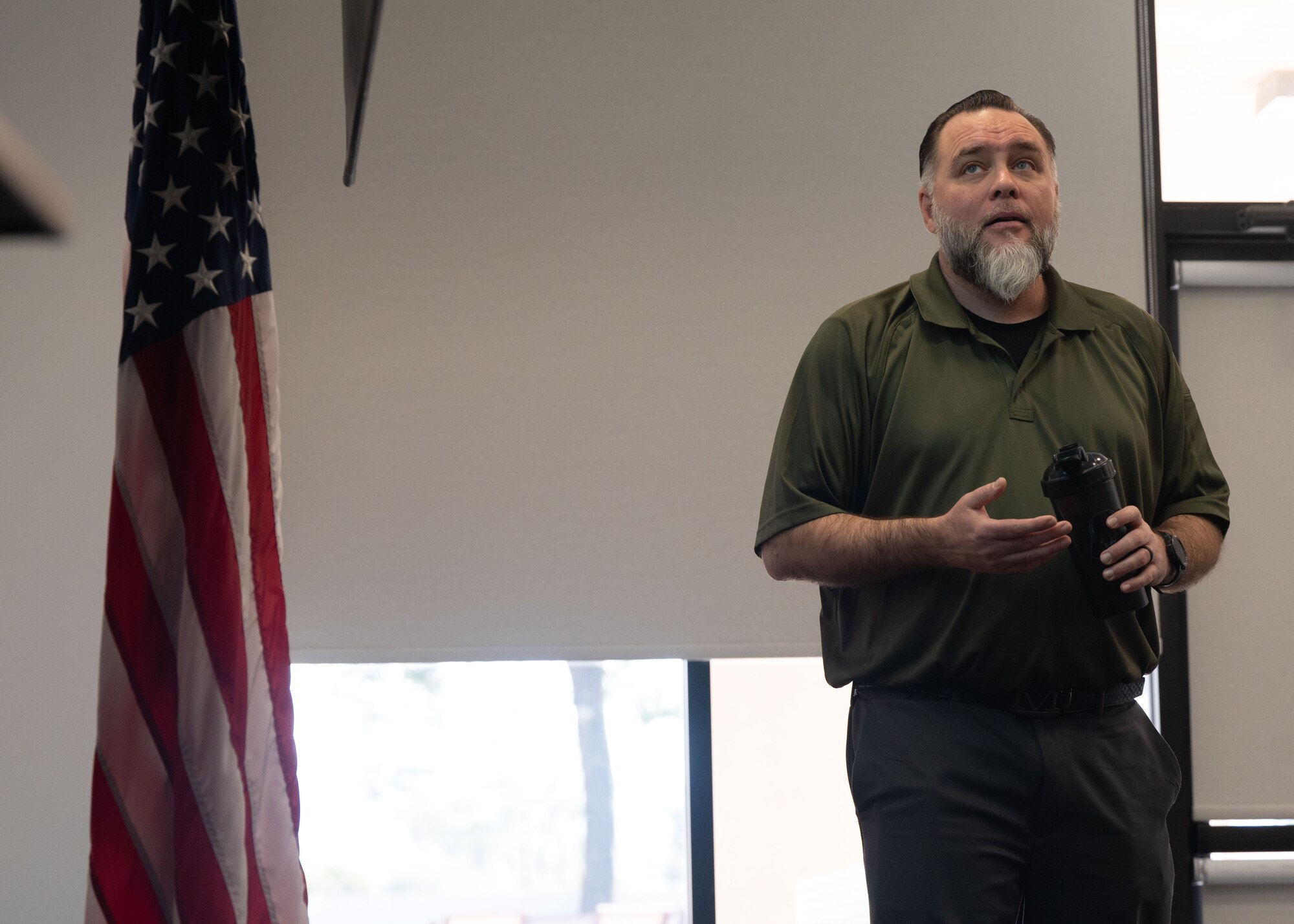 Mr. Matthew Paul Langseth, military veteran program coordinator, speaks to attendants of the “Vets-to-Industry” Military Transition Resource Event at Davis-Monthan Air Force Base, Ariz., Feb. 1, 2024. Langseth highlighted the City of Tucson Veteran Employee resource group called “City Vets” to separating service members. (U.S. Air Force photo by Airman 1st Class Robert Allen Cooke III)