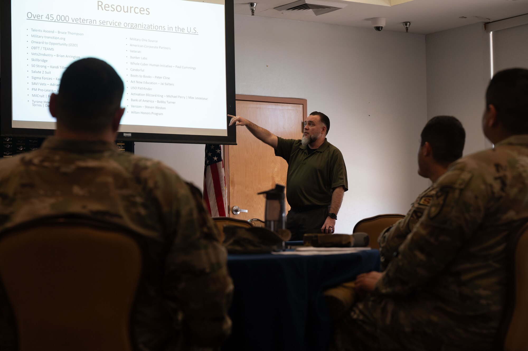 Mr. Matthew Paul Langseth, military veteran program coordinator, speaks to attendants of the “Vets-to-Industry” Military Transition Resource Event at Davis-Monthan Air Force Base, Ariz., Feb. 1, 2024. Langseth elaborated on the topic of house hunting to separating service members. (U.S. Air Force photo by Airman 1st Class Robert Allen Cooke III)