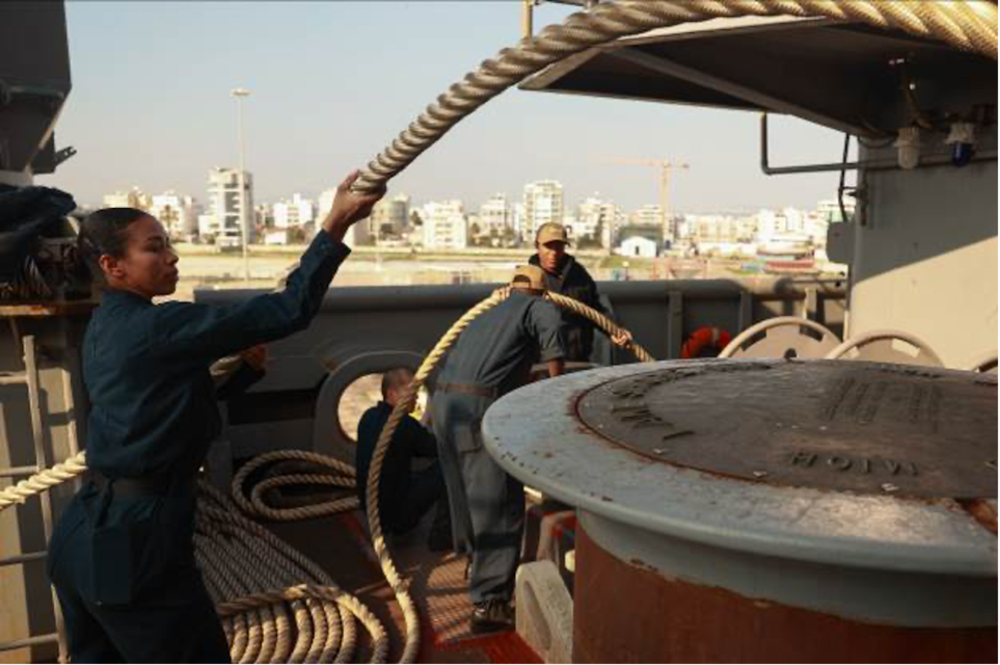 240211-N-OQ442-1044
LARNACA, Cyprus (Feb. 11, 2024) Deck department Sailors, assigned to the Wasp-class amphibious assault ship USS Bataan (LHD 5), prepare mooring lines while the ship pulls into Larnaca, Cyprus, Feb. 11. Bataan is on a scheduled deployment in the U.S. Naval Forces Europe area of operations, employed by U.S. Sixth Fleet to defend U.S. allied and partner interests. (U.S. Navy photo by Mass Communication Specialist 2nd Class Riley Gasdia)