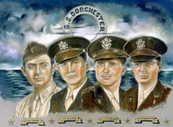 A graphic portrait of, from left to right, all 1st Lts., Lt. Alexander Goode, a Jewish Rabbi, George Fox, a Methodist, Clark Poling, a Dutch Reformed minister and John Washington, a Roman Catholic Priest. Four Chaplains Day honors these men for their sacrifice during the sinking of the Dorchester, Feb. 3, 1943. (courtesy photo)