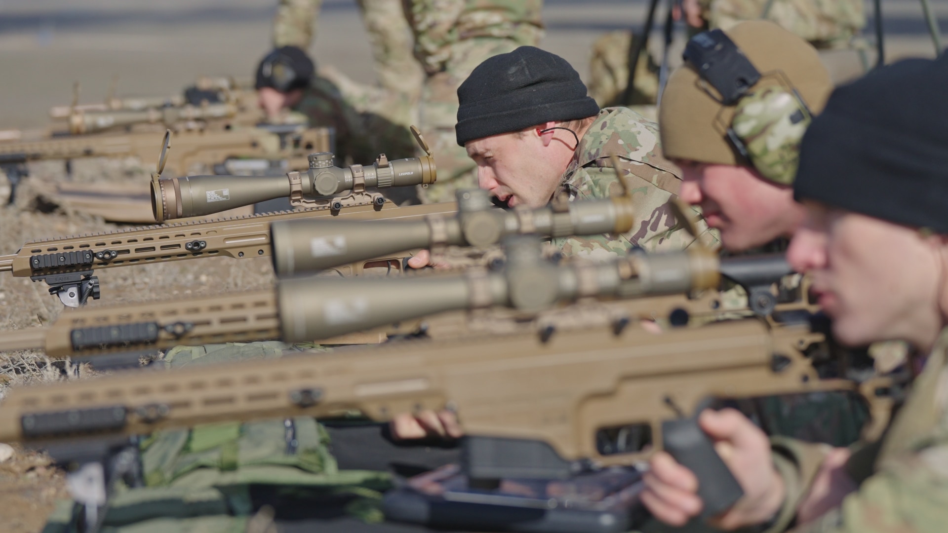 Sniper section members fire MK 22 Precision Sniper Rifles issued to the Oregon Army National Guard on Feb. 7, 2024, during the new equipment training range day at Orchard Combat Training Center in Idaho.