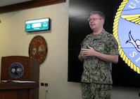 Vice Adm. Thomas Ishee, commander, U.S. 6th Fleet (C6F), speaks the to C6F staff members during a ceremony for the C6F 74th birthday. C6F, headquartered in Naples, Italy, conducts the full spectrum of joint and naval operations, often in concert with allied, and interagency partners, in order to advance U.S. national interests and security and stability in Europe and Africa. (U.S. Navy photo by Mass Communication Specialist 2nd Class Almagissel Schuring)