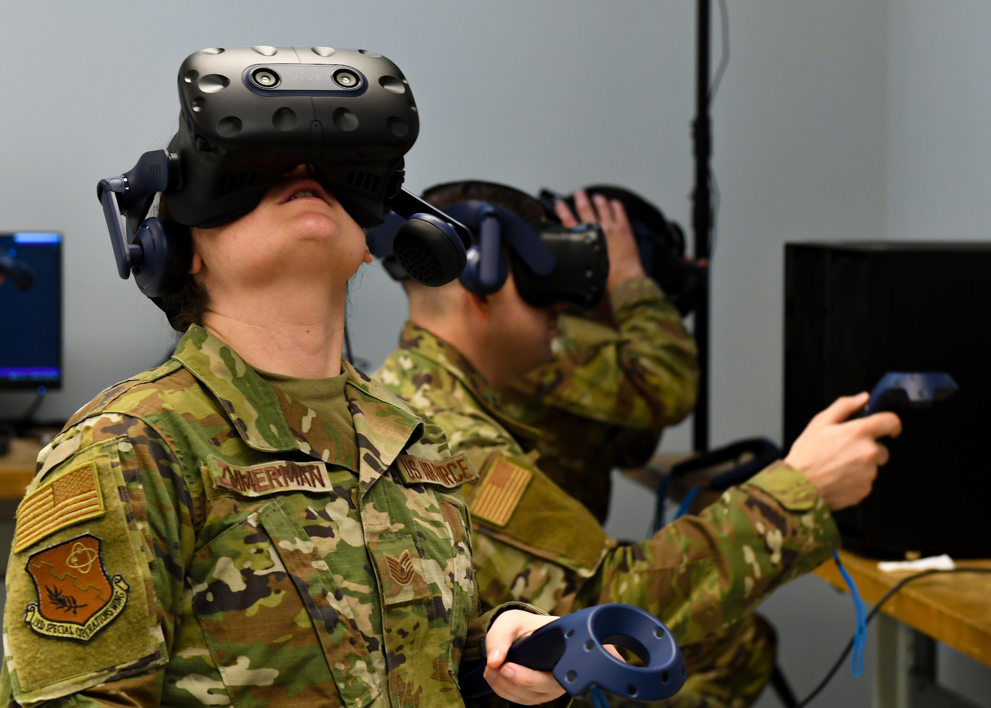 A 193rd Special Operation Wing airman uses virtual reality (VR) maintenance MC-130J Commando II training system in Middletown, Pennsylvania, Feb. 7 2024.