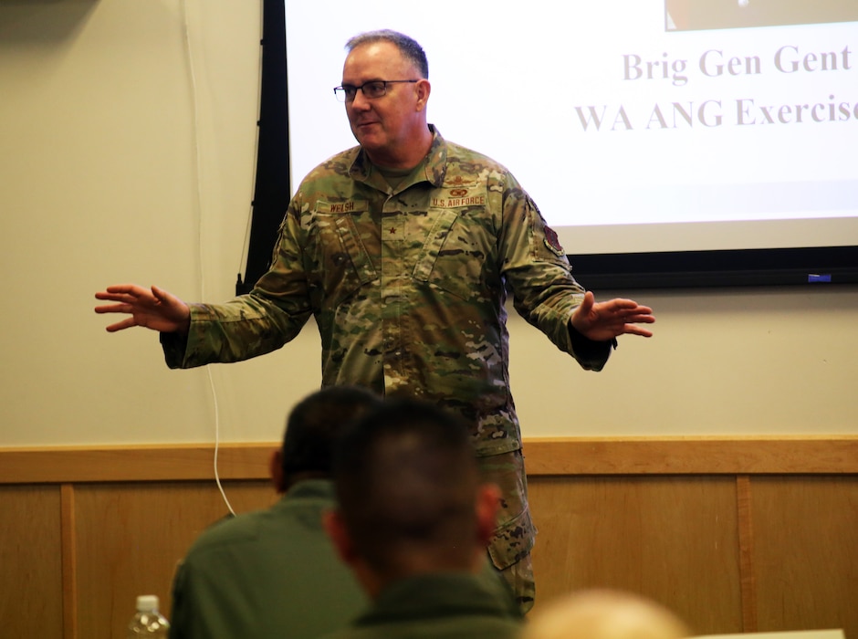U.S. Air Force Brig. Gen. Gent Welsh, commander, Washington Air National Guard, addresses the audience for the Enduring Partners final planning conference at Camp Murray, Wash. on Feb. 6, 2024.