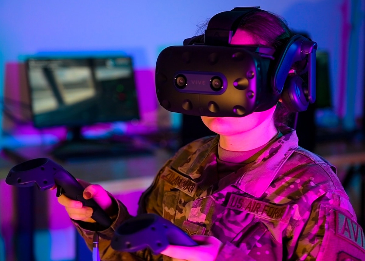 A 193rd Special Operation Wing airman uses virtual reality (VR) maintenance MC-130J Commando II training system in Middletown, Pennsylvania, Feb. 7 2024.