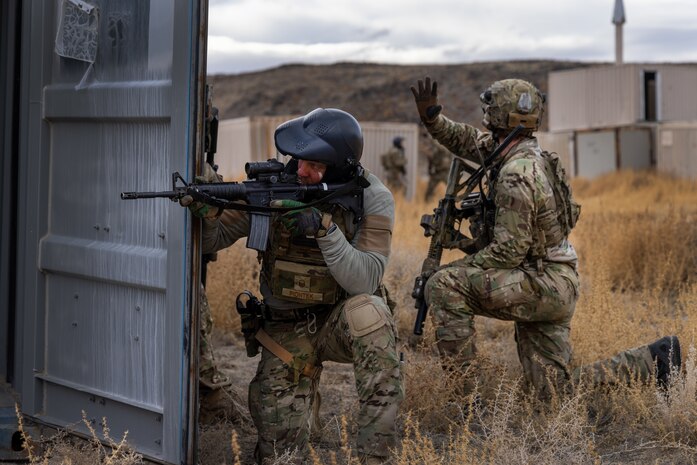 U.S. Air Force Master Sgt. Cameron Piontek, 9th Operations Support squadron assistant chief controller, Beale Air Force Base, California, infiltrates a forward operating site at Fallon, Nevada, Feb. 1, 2024.