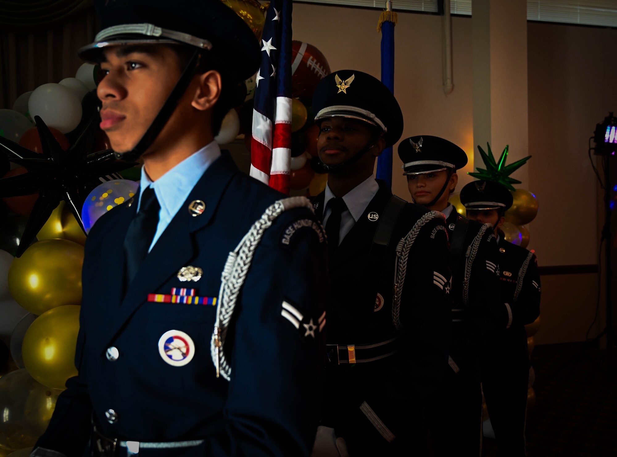 U.S. Air Force Honor Guard members prepare to present during the Annual Awards ceremony at Joint Base McGuire-Dix-Lakehurst, N.J., Feb. 8, 2024. JB MDL joint service embers were recognized for their exceptional performance throughout the year. (U.S. Air Force photo by 2nd Lt. Alexis Kula)