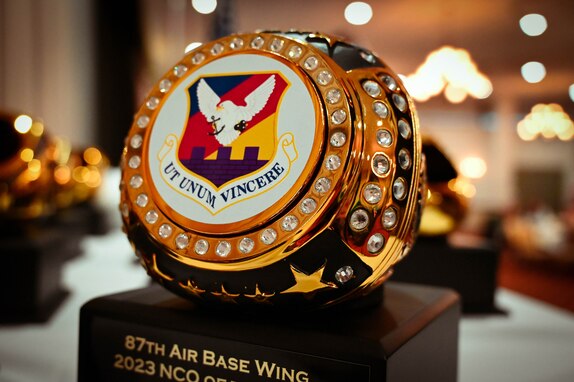 Senior Leaders from Joint Base McGuire-Dix-Lakehurst, N.J., recognize award winners during the Annual Awards ceremony at JB MDL, Feb. 8, 2024. Members were recognized for their exceptional performance throughout the year. (U.S. Air Force photo by 2nd Lt. Alexis Kula)