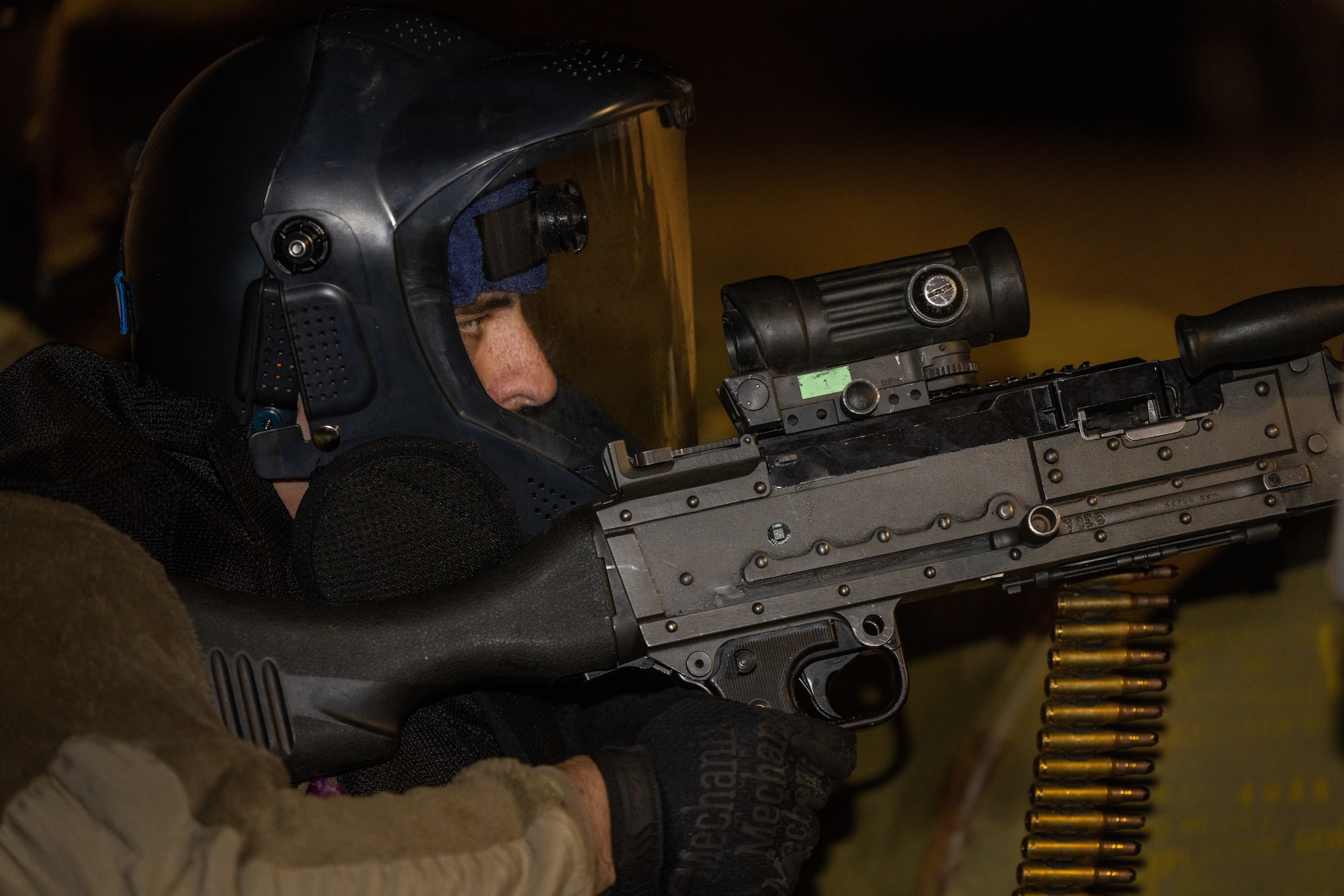 U.S. Air Force Senior Airman Joshua Salinas, 9th Security Forces Squadron protection level-1 entry controller from Beale Air Force Base, California, mans a M-240 bravo machine gun during Exercise Dragon Trident 1 at Fallon, Nevada, Jan. 29, 2024.
