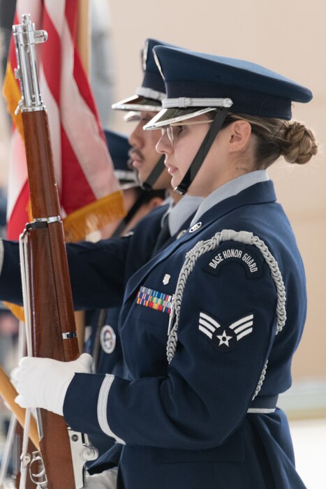 The Travis Air Force Base honor guard present the colors during the State of the Base ceremony.
