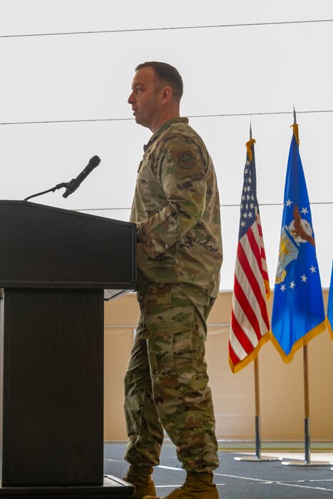 Chief Master Sgt. Keith Scott speaks during the 2024 State of the Base ceremony