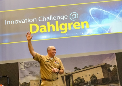 Naval Surface Warfare Center Dahlgren Division Commanding Officer Philip Mlynarski energizes the crowd during the Innovation Challenge @ Dahlgren: Middle School Robotics competition opening at the University of Mary Washington Dahlgren Campus, Feb. 10.