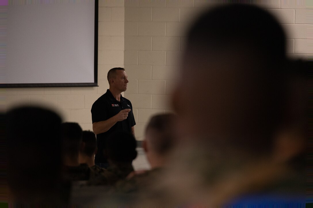 Dakota Meyer, Medal of Honor recipient, speaks to Marines with the School of Infantry-East as part of a tour of various units aboard Marine Corps Base Camp Lejeune and Marine Corps Air Station New River in Jacksonville, North Carolina, Jan. 25, 2024. Dakota Meyer is one of three Marine Corps Medal of Honor recipients during the Global War on Terror. Meyer spoke with Marines about his experiences in the Marine Corps, Medal of Honor award and leadership. (U.S. Marine Corps photo by Cpl. Antonino Mazzamuto)