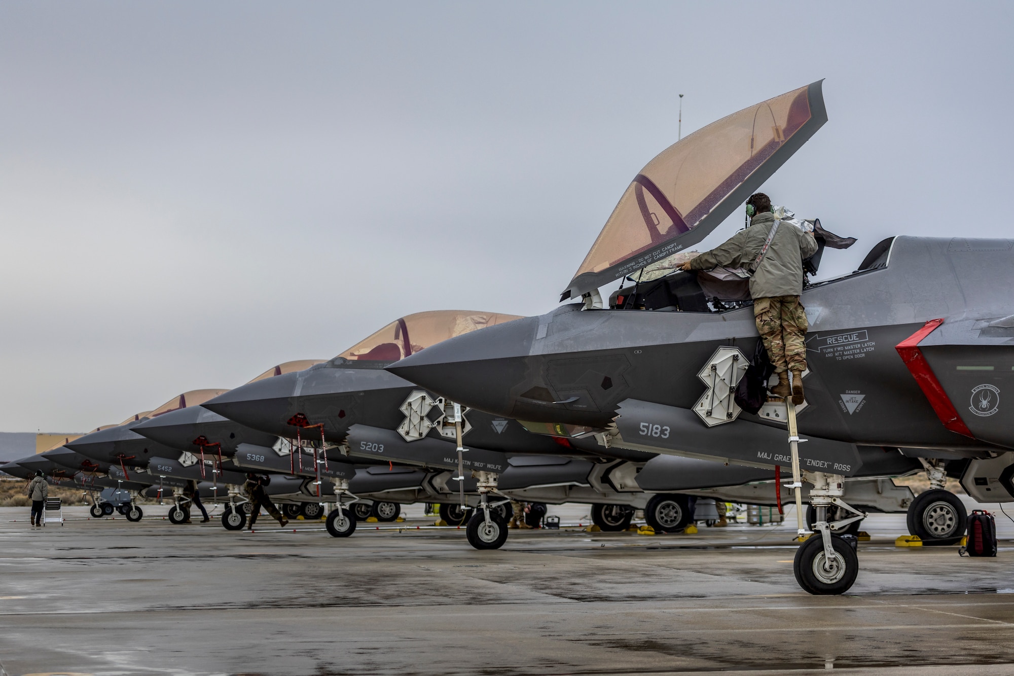 An F-35A Lightning II assigned to the 388th Fighter Wing, out of Hill Air Force Base, Utah, is readied for a training sortie during the inaugural Bamboo Eagle exercise at Edwards Air Force Base, CA., Jan 29, 2024. Bamboo Eagle provides Airmen, allies, and partners with a multidimensional, combat-representative battle-space to conduct advanced training in support of U.S. national interests. (U.S. Air Force photo by James West)