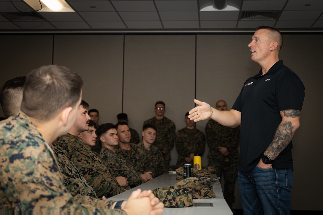 Dakota Meyer, Medal of Honor recipient, speaks to U.S. Marines with 2nd Air Naval Gunfire Liaison Company, II Marine Expeditionary Force Information Group, during a tour of various units aboard Marine Corps Base Camp Lejeune and Marine Corps Air Station New River in Jacksonville, North Carolina, Jan. 25, 2024. Dakota Meyer is one of three Marine Corps Medal of Honor recipients during the Global War on Terror. Meyer spoke with Marines about his experiences in the Marine Corps, Medal of Honor award and leadership. (U.S. Marine Corps photo by Cpl. Antonino Mazzamuto)
