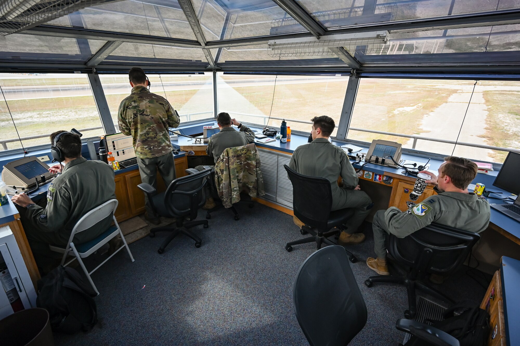 U.S. Air Force pilots occupy the “Honcho” runway supervisory unit (RSU) at Laughlin Air Force Base, Texas, Dec. 7, 2023.