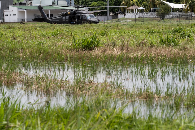 A helicopter takes off.