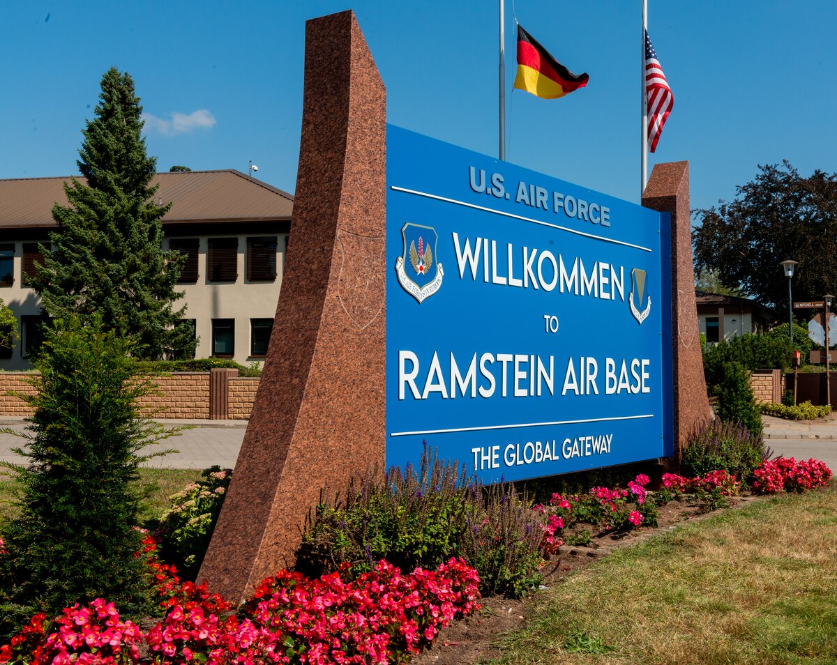 The newly installed welcome sign on display at Ramstein Air Base, Germany, Sept. 2, 2021.