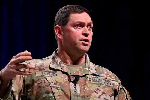 Chief of Space Operations Gen. Chance Saltzman makes remarks for the panel discussion “Reoptimizing for Great Power Competition: A Senior Leaders Discussion” during the Air and Space Forces Association 2024 Warfare Symposium in Aurora, Colo., Feb. 12, 2024.