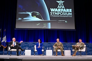 Secretary of the Air Force Frank Kendall leads the panel discussion “Reoptimizing for Great Power Competition: A Senior Leaders Discussion” with Assistant Secretary of the Air Force for Financial Management and Comptroller Kristyn Jones, performing the duties of the Under Secretary of the Air Force, Air Force Chief of Staff Gen. David W. Allvin and Chief of Space Operations Gen. Chance Saltzman during the Air and Space Forces Association 2024 Warfare Symposium in Aurora, Colo., Feb. 12, 2024.