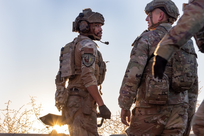 U.S. Air Force Staff Sgt. Dashawn Davis, 9th Security Forces Squadron (SFS) tactical response team NCO in charge, Beale Air Force Base, California, uses an entrenching tool during Exercise Dragon Trident 1 at Fallon, Nevada, Jan. 29, 2024.