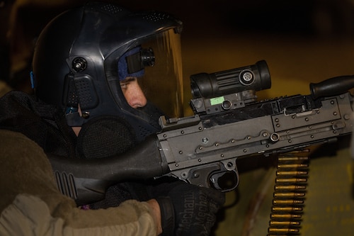 U.S. Air Force Senior Airman Joshua Salinas, 9th Security Forces Squadron protection level-1 entry controller from Beale Air Force Base, California, mans a M-240 bravo machine gun during Exercise Dragon Trident 1 at Fallon, Nevada, Jan. 29, 2024.