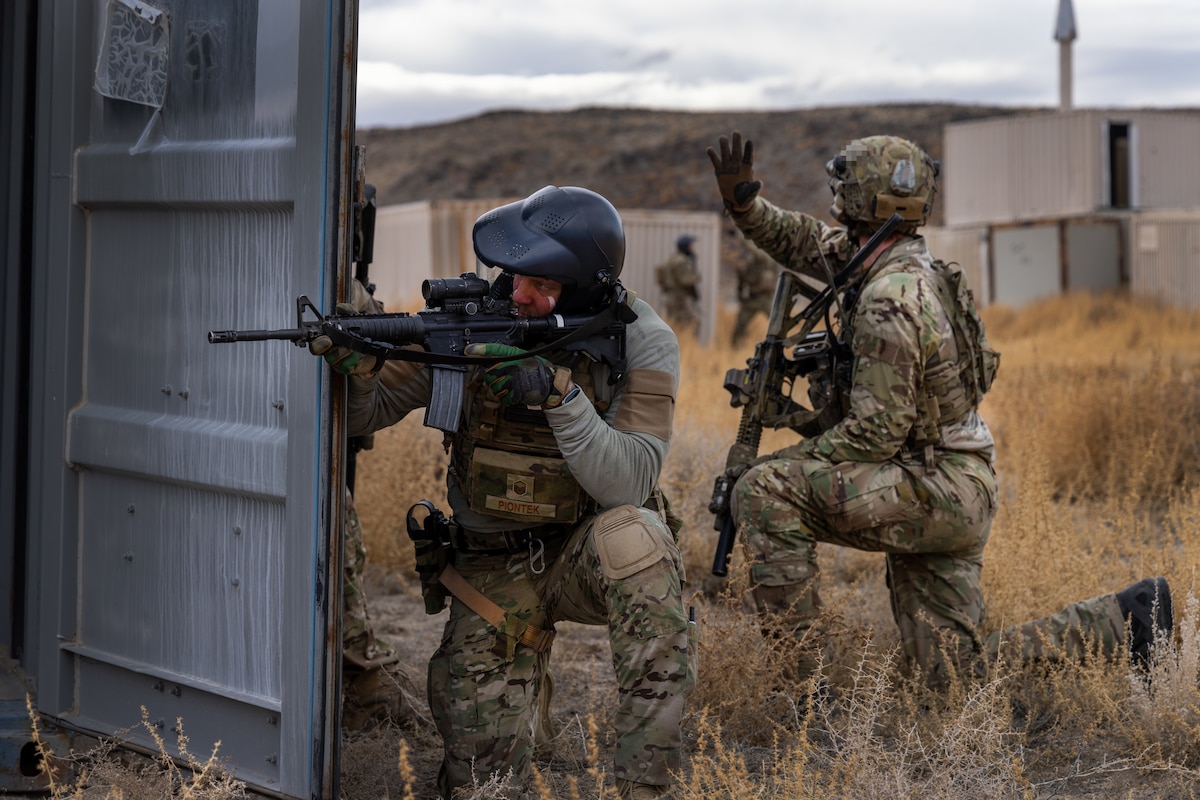 U.S. Air Force Master Sgt. Cameron Piontek, 9th Operations Support squadron assistant chief controller, Beale Air Force Base, California, infiltrates a forward operating site at Fallon, Nevada, Feb. 1, 2024.