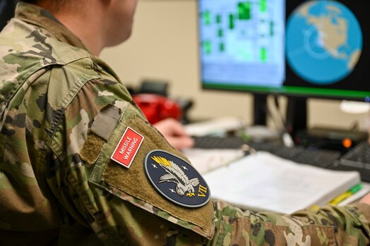  U.S. Space Force Sgt. Dustin Wallis, 7th Space Warning Squadron deputy staff instructor, walks through a training simulation for the Upgraded Early Warning Radar (UEWR) sits on Beale Air Force Base, California, Feb. 8, 2024.